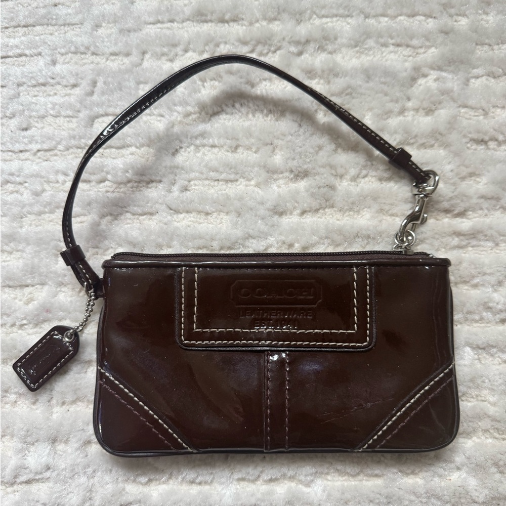 Coach Brown Patent Leather Leather Wristlet